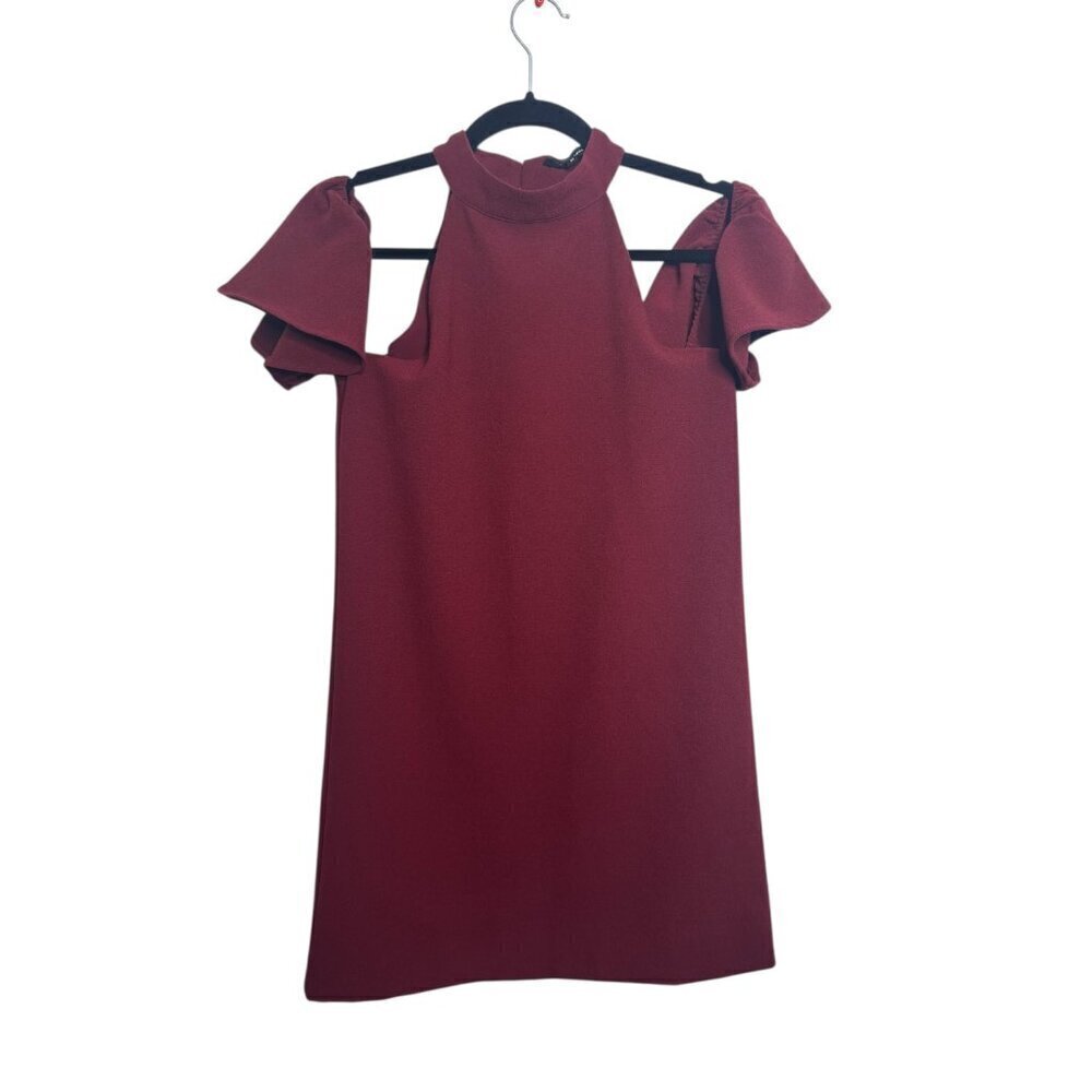 Olivaceous Cold Shoulder Dress Burgundy Red Size M Ruffle Sleeve Mini Cocktail P